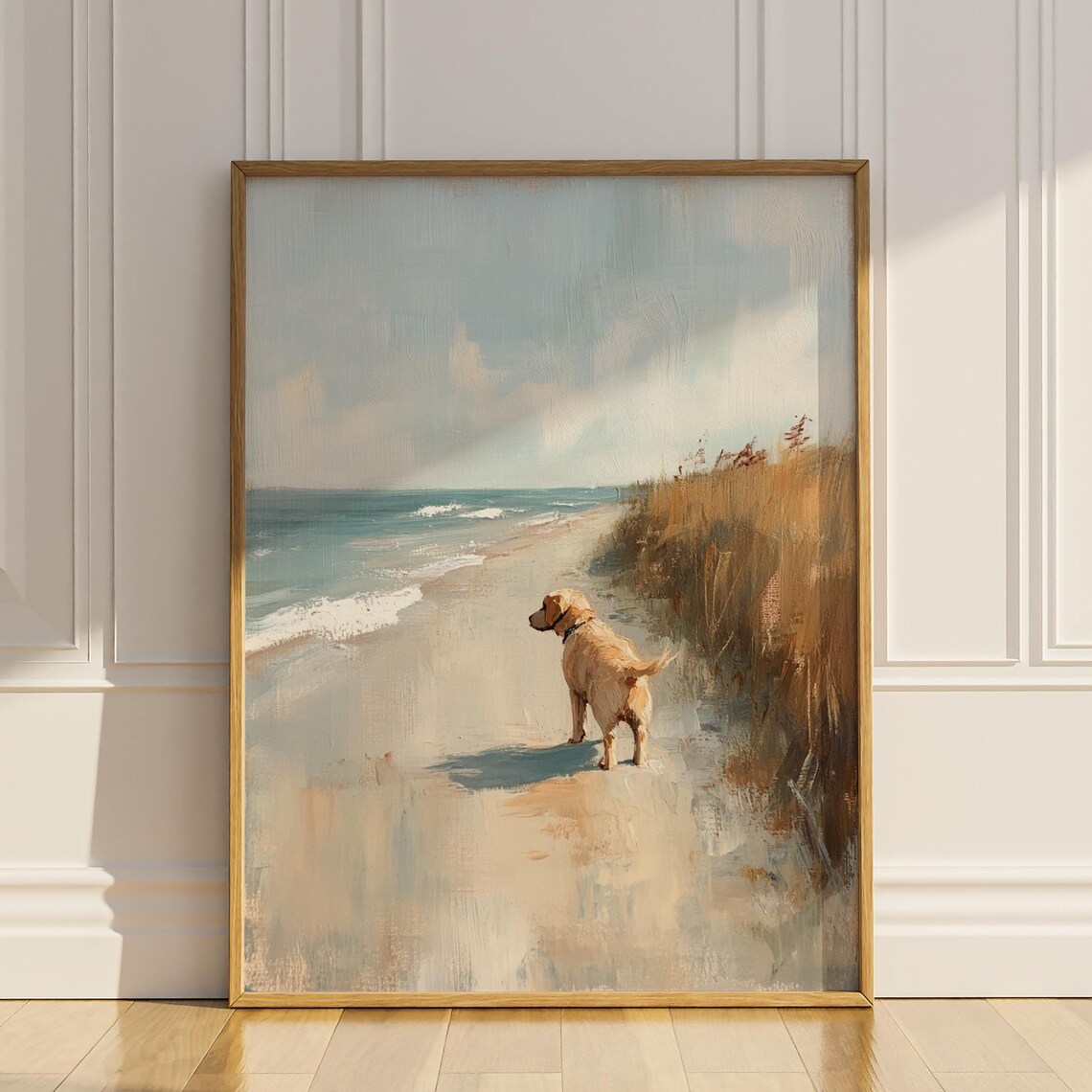 Golden Retriever Dog Gazing At Ocean Coastal Beach Watercolor Poster