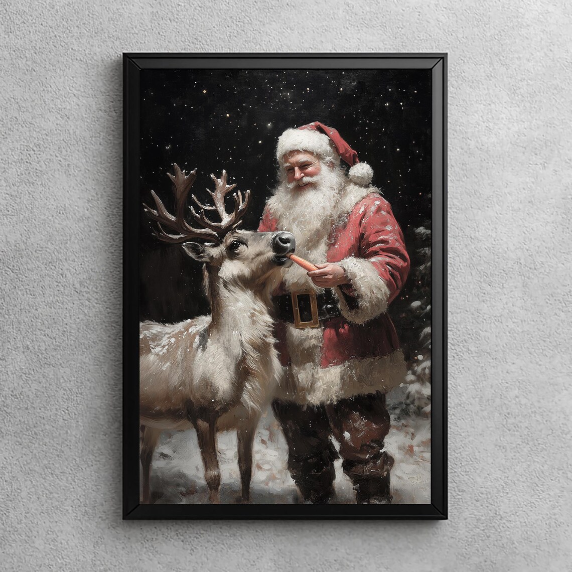 Santa Feeding His Reindeer, Vintage Christmas Poster