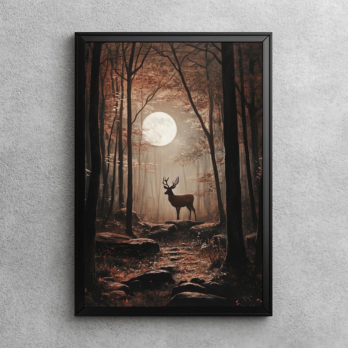 Deer Under Full Moon Misty Forest Silhouette Dark Mystical Wall Art