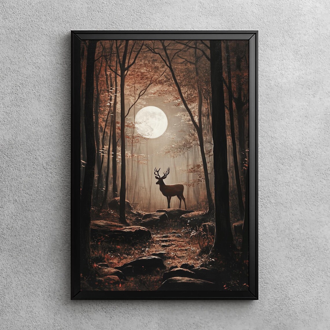 Deer Under The Full Moon Mystical Forest Silhouette Art Dark Academia Poster Autumn Fairytale Print