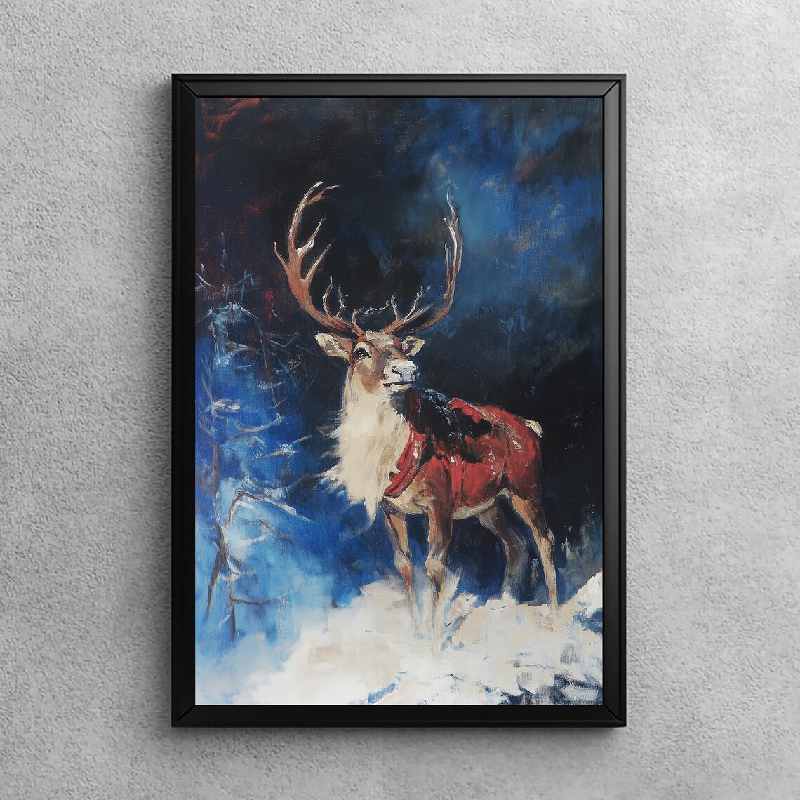Christmas Reindeer Snowy Night Blue Oil Painting Vintage Holiday Wall Art