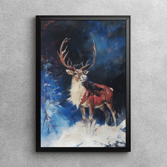 Christmas Reindeer Snowy Night Blue Oil Painting Vintage Holiday Wall Art