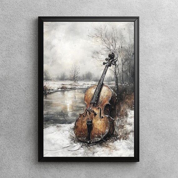 Cello Resting in a Snowy Riverside Landscape Painting Music Poster