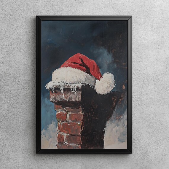 Santa Hat Snowy Brick Chimney Night Vintage Christmas Oil Wall Art
