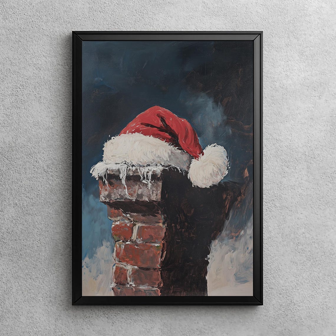 Santa Hat Snowy Brick Chimney Night Vintage Christmas Oil Wall Art