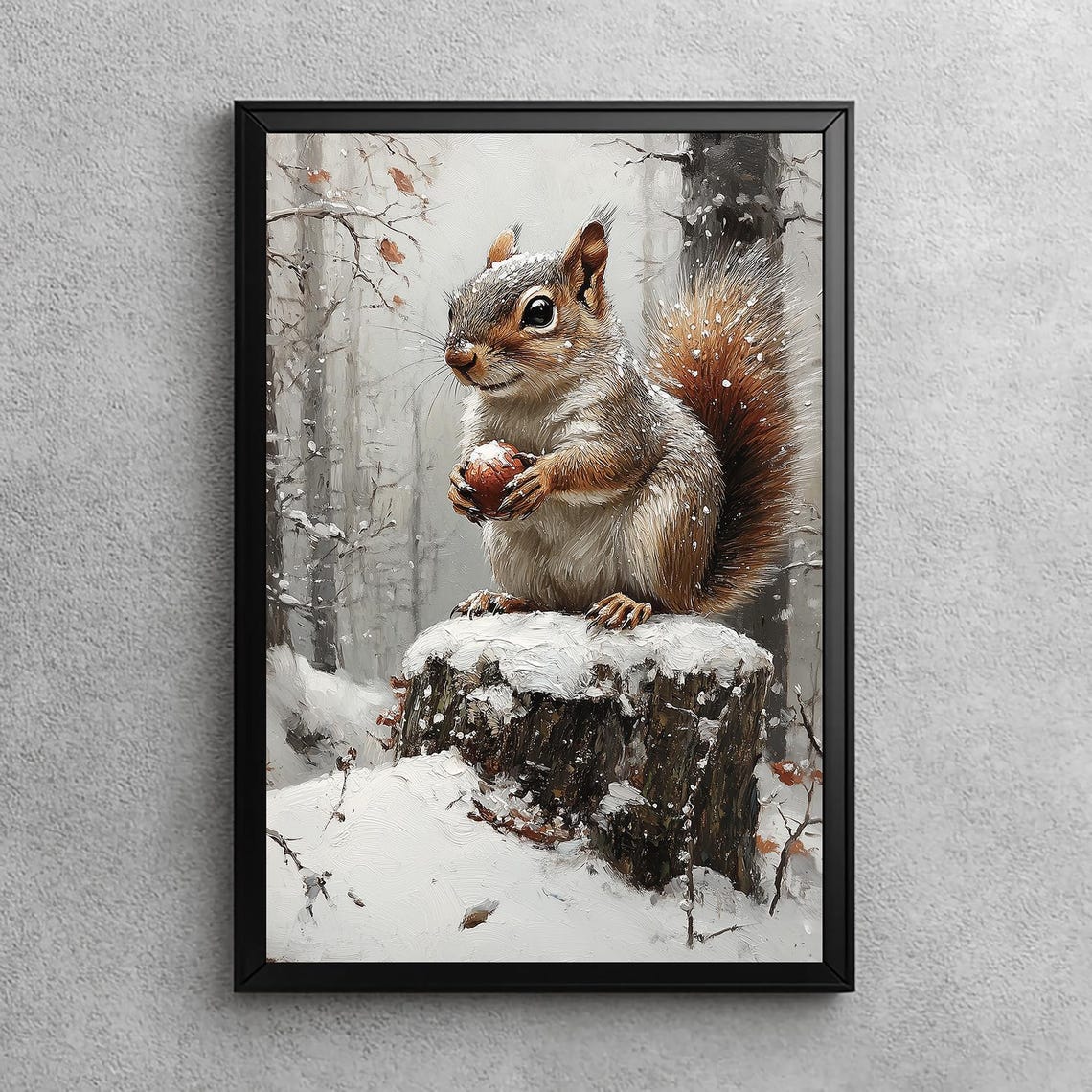 Red Squirrel Holding an Acorn on a Snowy Stump Winter Poster