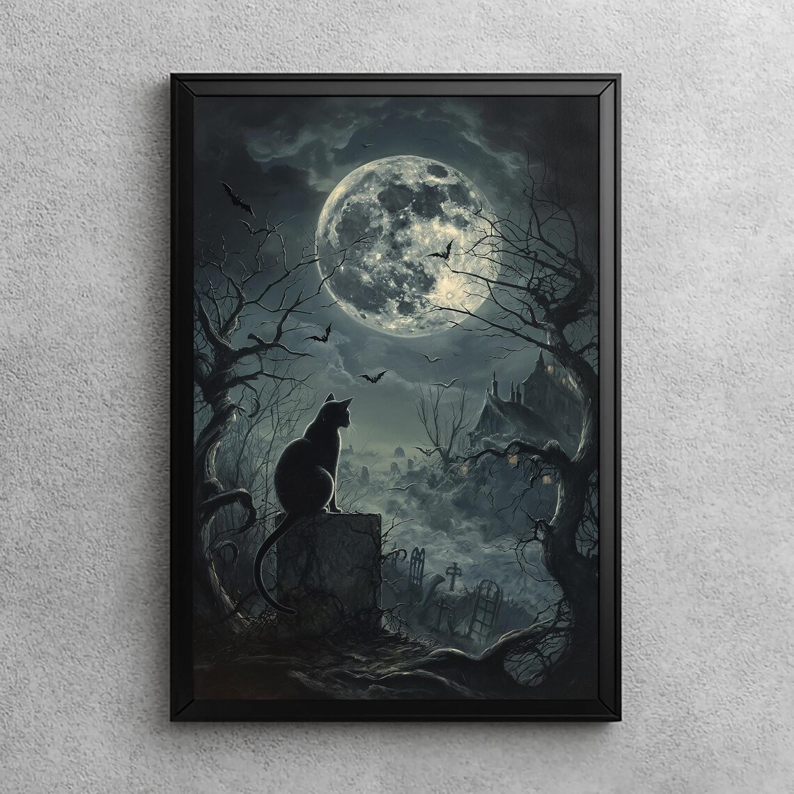 Black Cat In Moonlit Graveyard Halloween Print Gothic Wall Art Silhouette Poster Feline Decor Dark Academia