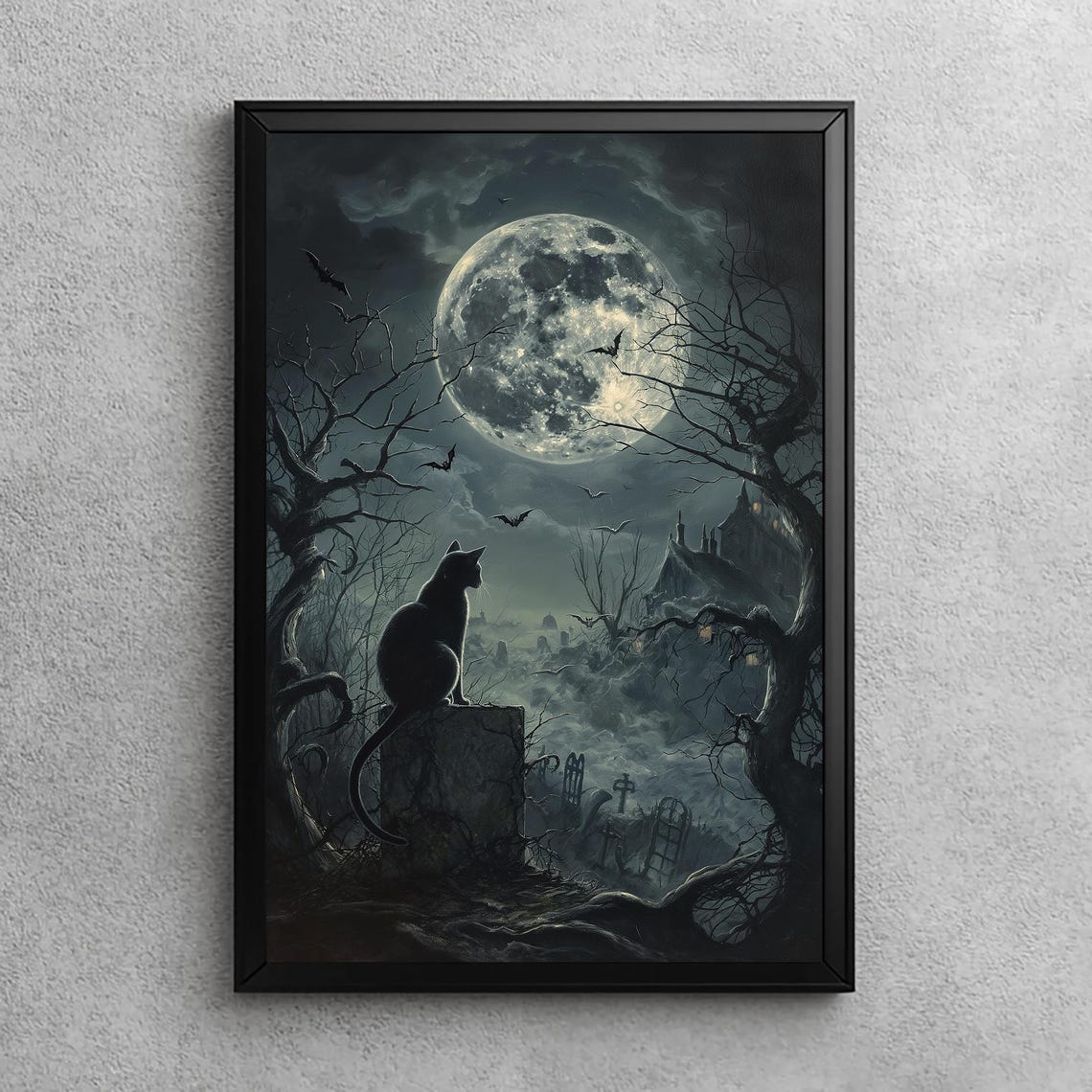 Black Cat Silhouette Moonlit Graveyard Gothic Halloween Poster