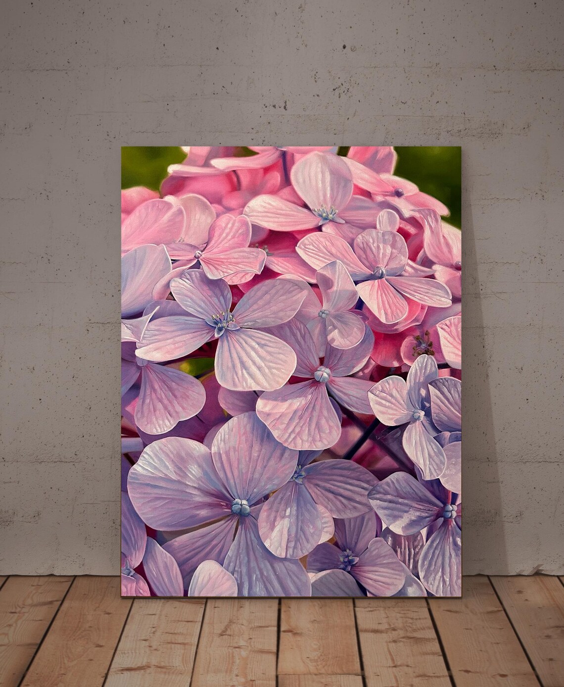 Pink Lavender Hydrangea Blossoms Close Up Realistic Oil Wall Art