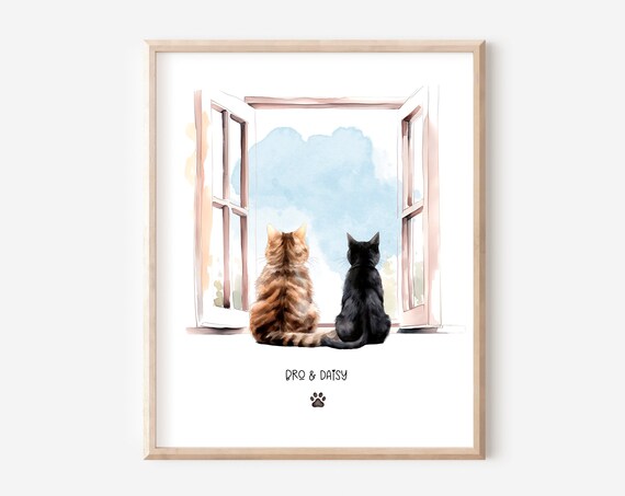 Custom Two Cats at Open Window Watercolor Cat Lovers Gift Poster