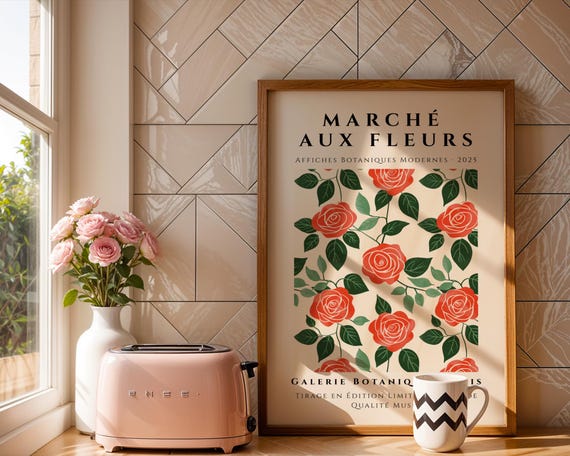 Red Rose Botanical Print March Aux Fleurs Paris Art Poster Vintage Wall Decor Romantic Floral Illustration Office Kitchen