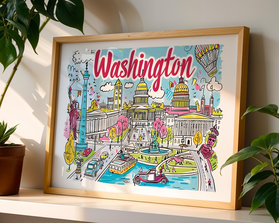 Washington DC Colourful Illustrated Capitol Landmarks Travel Art Poster