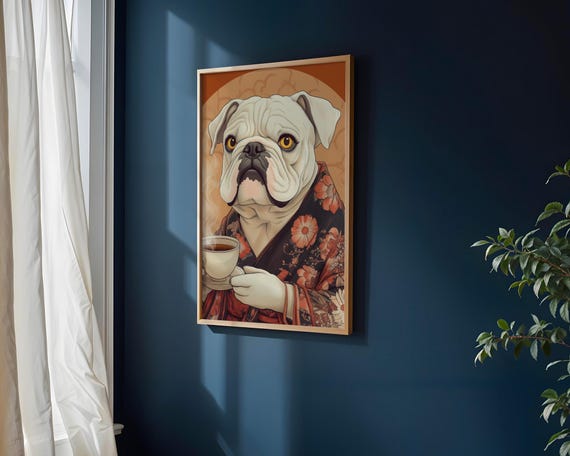 Bulldog Wall Art Japanese Kimono Dog Print Funny Poster Vintage Pet Decor Tea Lover Gift Oriental Japan