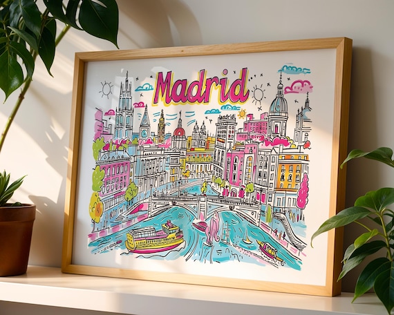 Madrid Spain Hand Drawn City Skyline Illustrated Travel Poster
