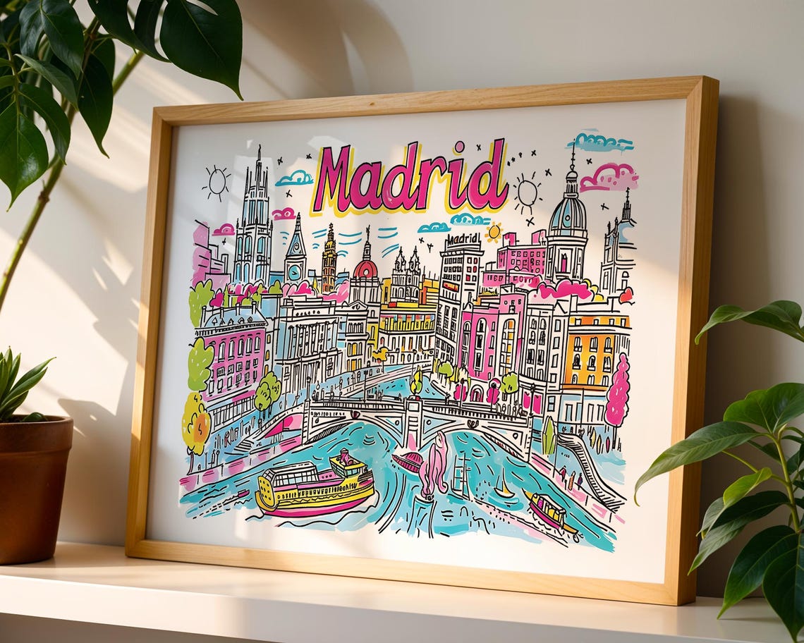 Madrid Spain Hand Drawn City Skyline Illustrated Travel Poster