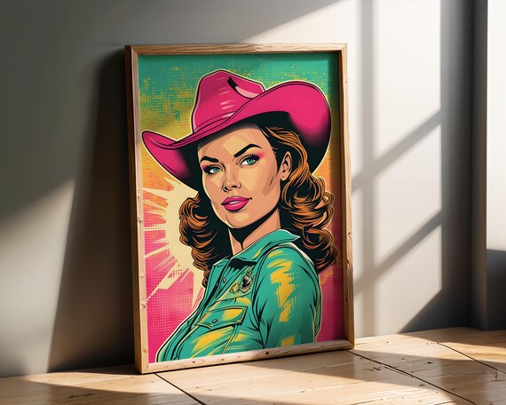 Retro Cowgirl Pop Art Print Pink Hat Western Woman Vibrant Comic Style