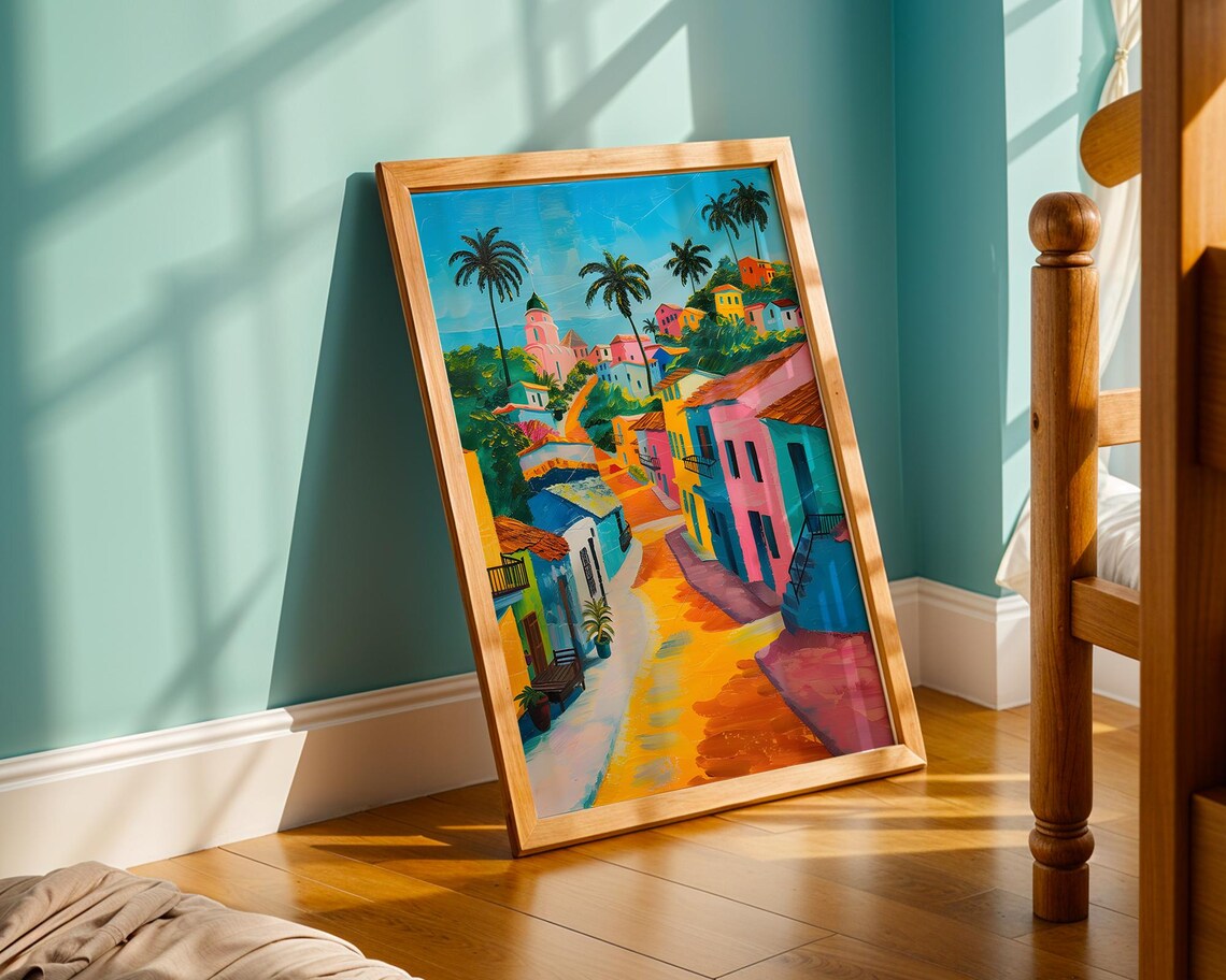 Colourful Caribbean Street Scene Tropical Village Painting Poster