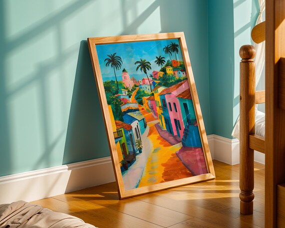 Colourful Caribbean Street Wall Art Tropical Coastal Village Painting With Palm Trees Vibrant Travelinspired Home Decor Print