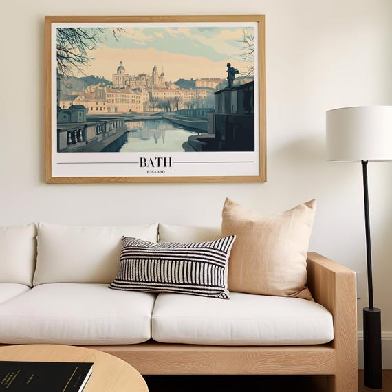 Bath England Travel Poster Historic Uk Cityscape Wall Art British Architecture Print European Town Illustration Neutral Decor