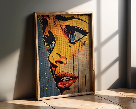 Dramatic Pop Art Closeup Of Crying Woman In Warm Yellow And Blue Retro Comic Style Wall Print Emotional Bold Culture Artwork Office