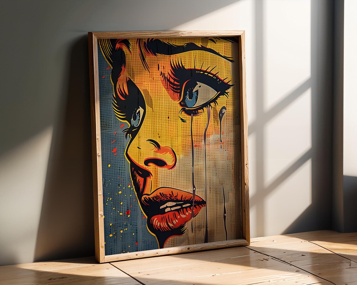 Crying Woman Face Closeup Yellow and Blue Retro Comic Pop Art Poster