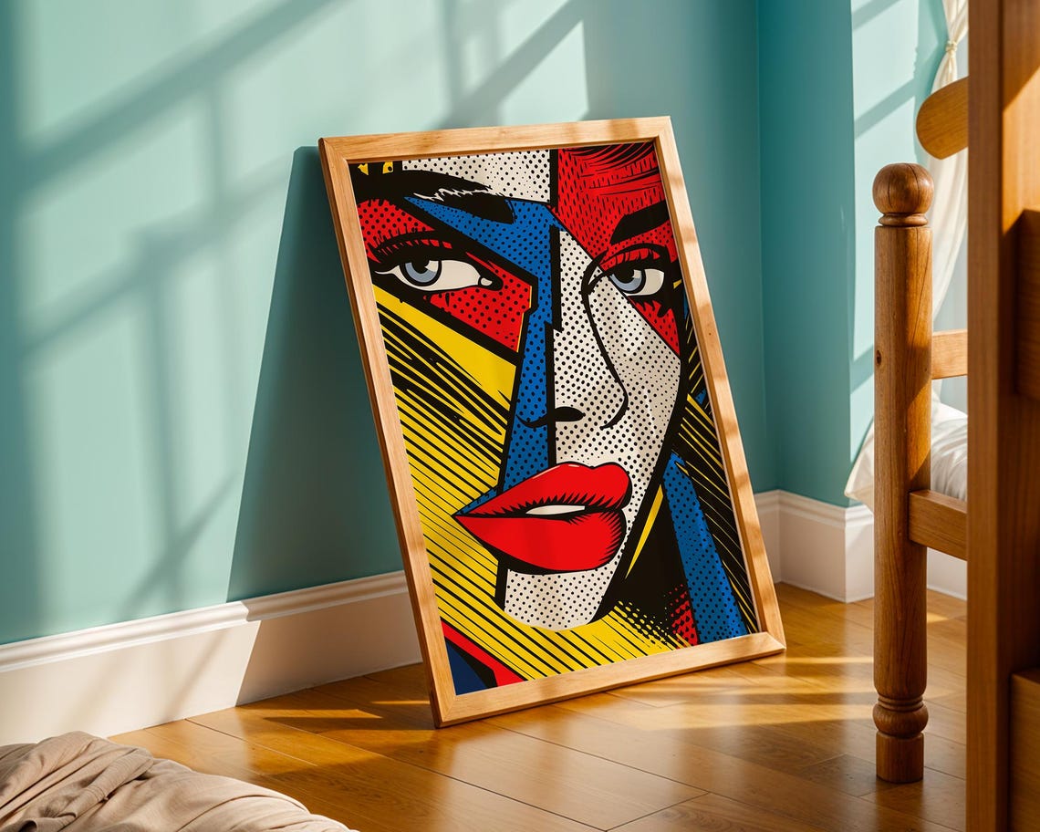 Geometric Pop Art Woman Face Red Lips Bold Color Block Poster