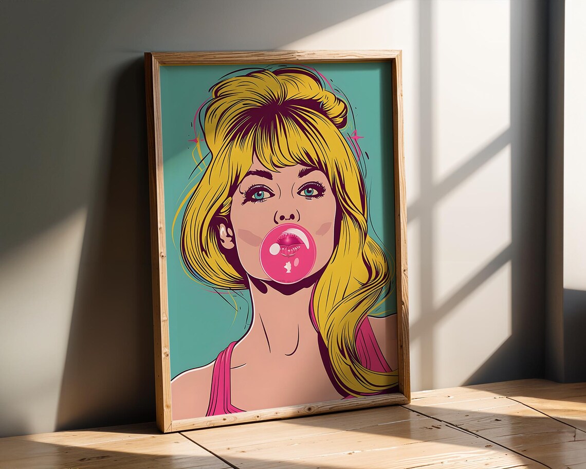 Retro Pop Art Bubble Gum Girl Blonde Comic Style Decor Poster