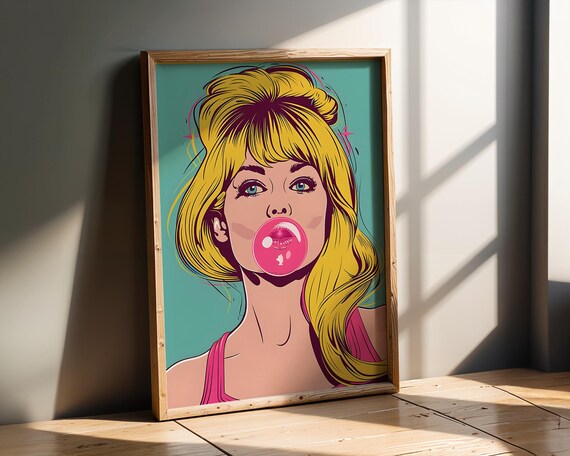 Pop Art Bubble Gum Girl Blonde Hair Retro Poster Comic Book Style Vintage Print Mid Century Modern Decor Office Bedroom