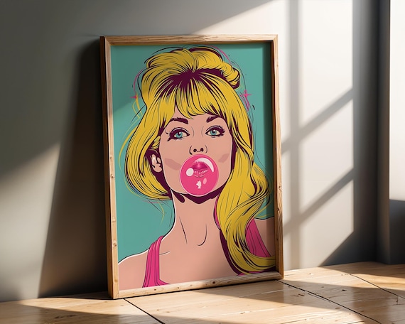 Retro Pop Art Bubble Gum Girl Blonde Comic Style Decor Poster