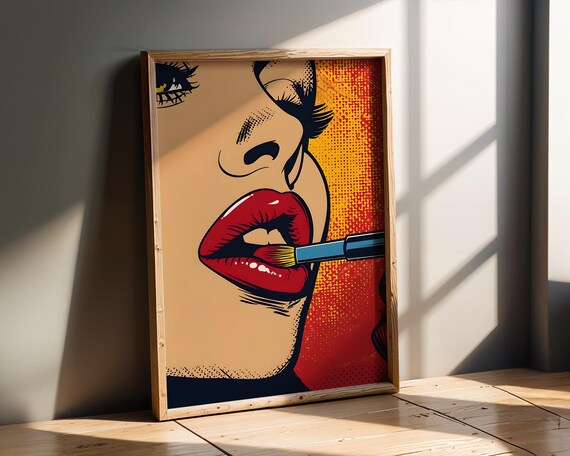 Retro Pop Art Red Lipstick Glam Beauty Lips Halftone Decor Poster
