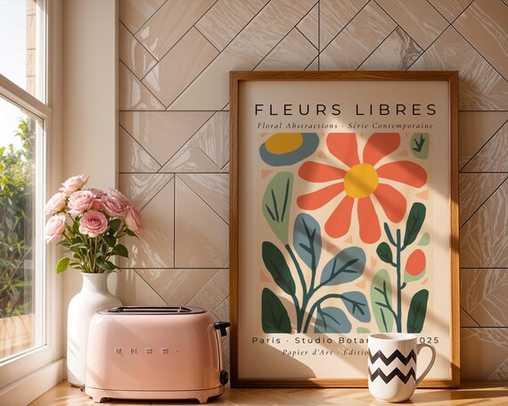Large Bold Bloom Art Print Contemporary Abstract Flower Poster With Coral And Bluegreen Kitchen Bedroom Gift For Her Office
