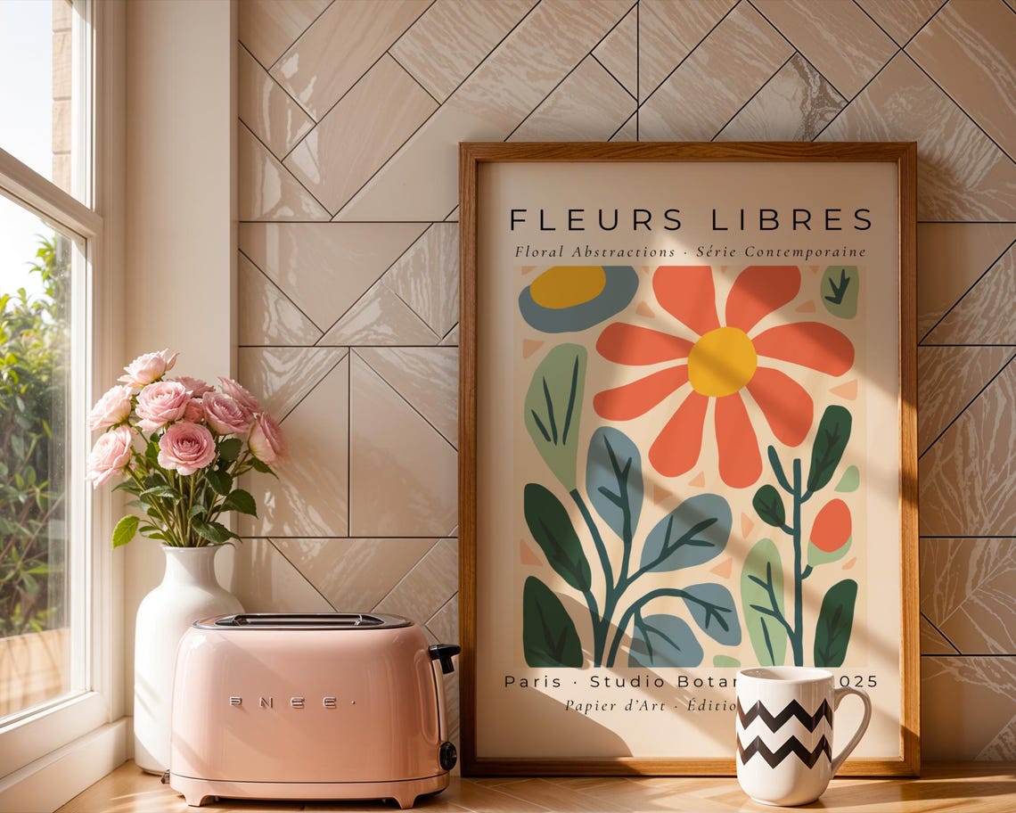 Fleurs Libres Coral Blossom Parisian Botanical Abstract Poster