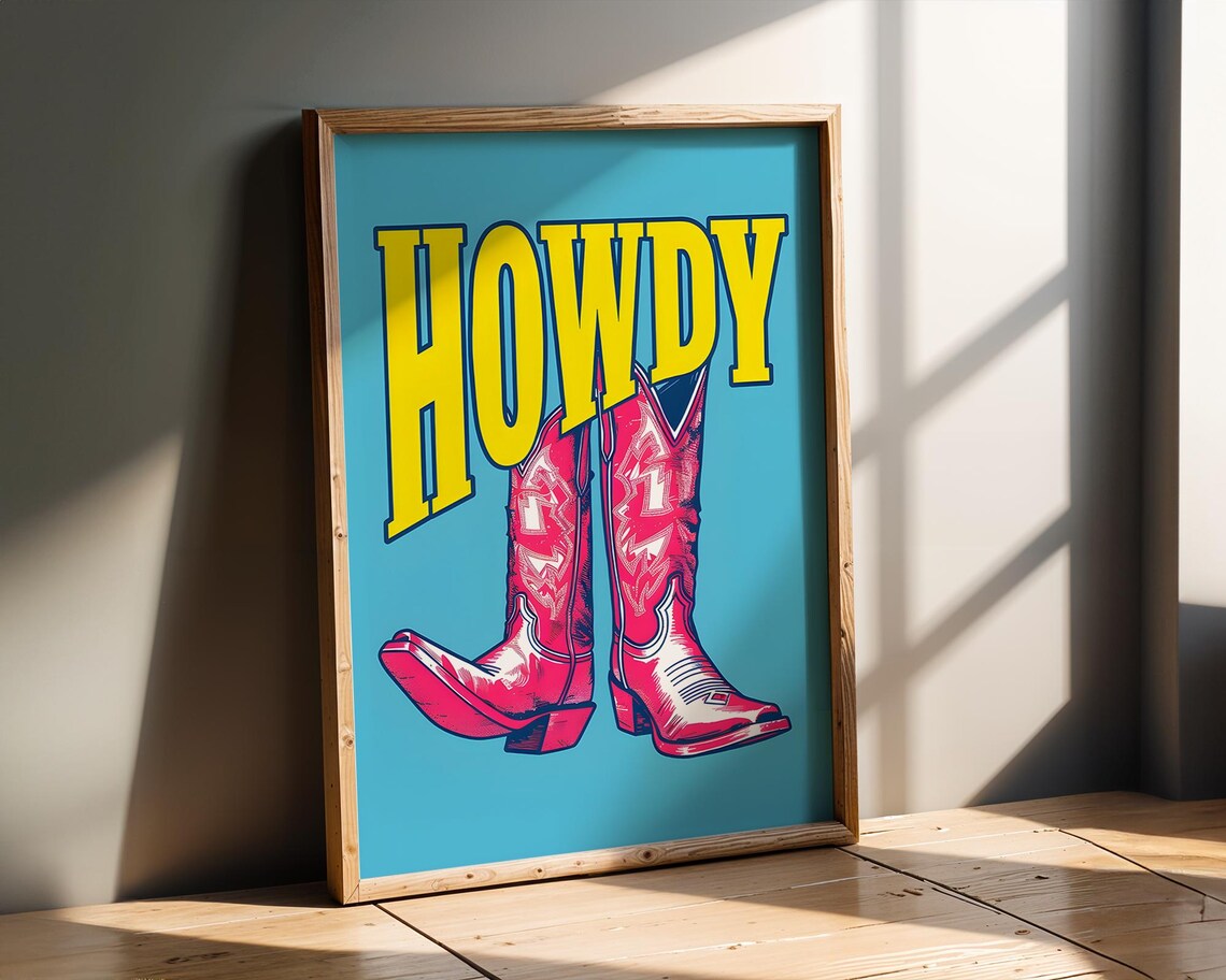 Howdy Pink Cowboy Boots on Blue Retro Western Pop Art Poster