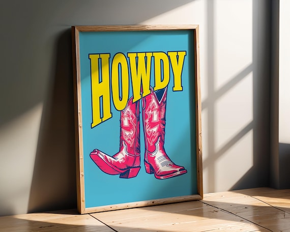 Howdy Pink Cowboy Boots on Blue Retro Western Pop Art Poster