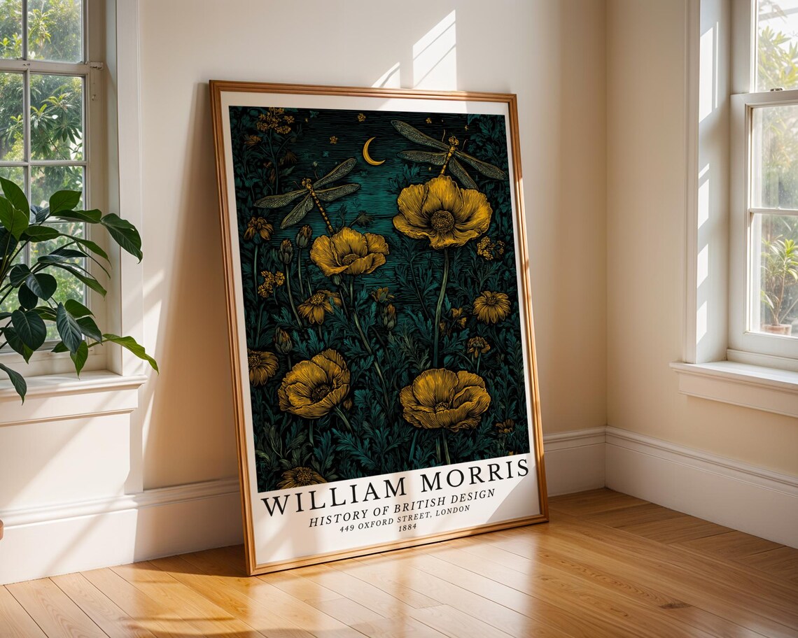 Golden Poppies and Dragonflies in Moonlit Morris Night Garden Poster