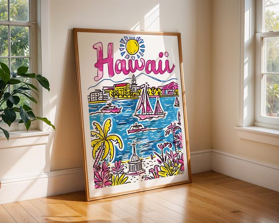 Hawaii Travel Poster Print Tropical Beach Wall Art Colourful Coastal Decor Island Illustration Summer Gift