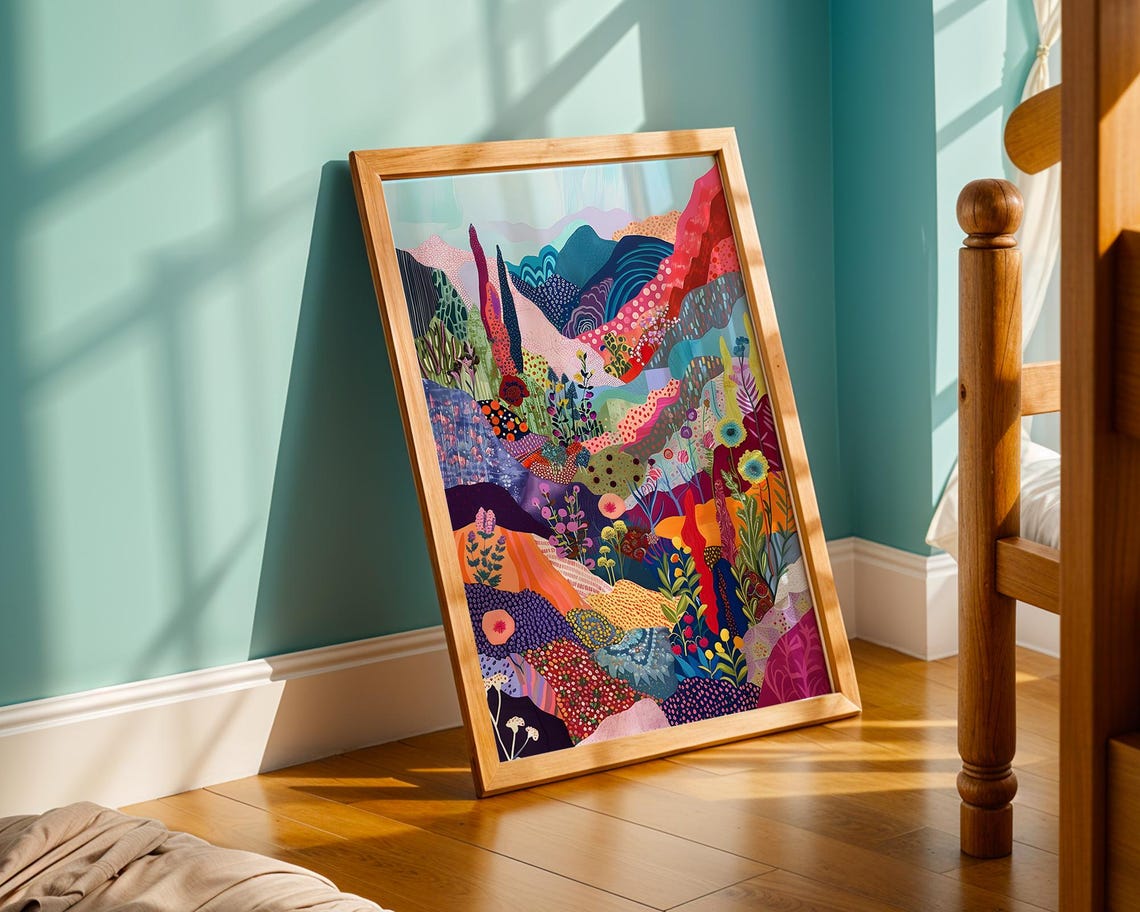 Abstract Colourful Mountain And Wildflower Landscape Modern Art Poster