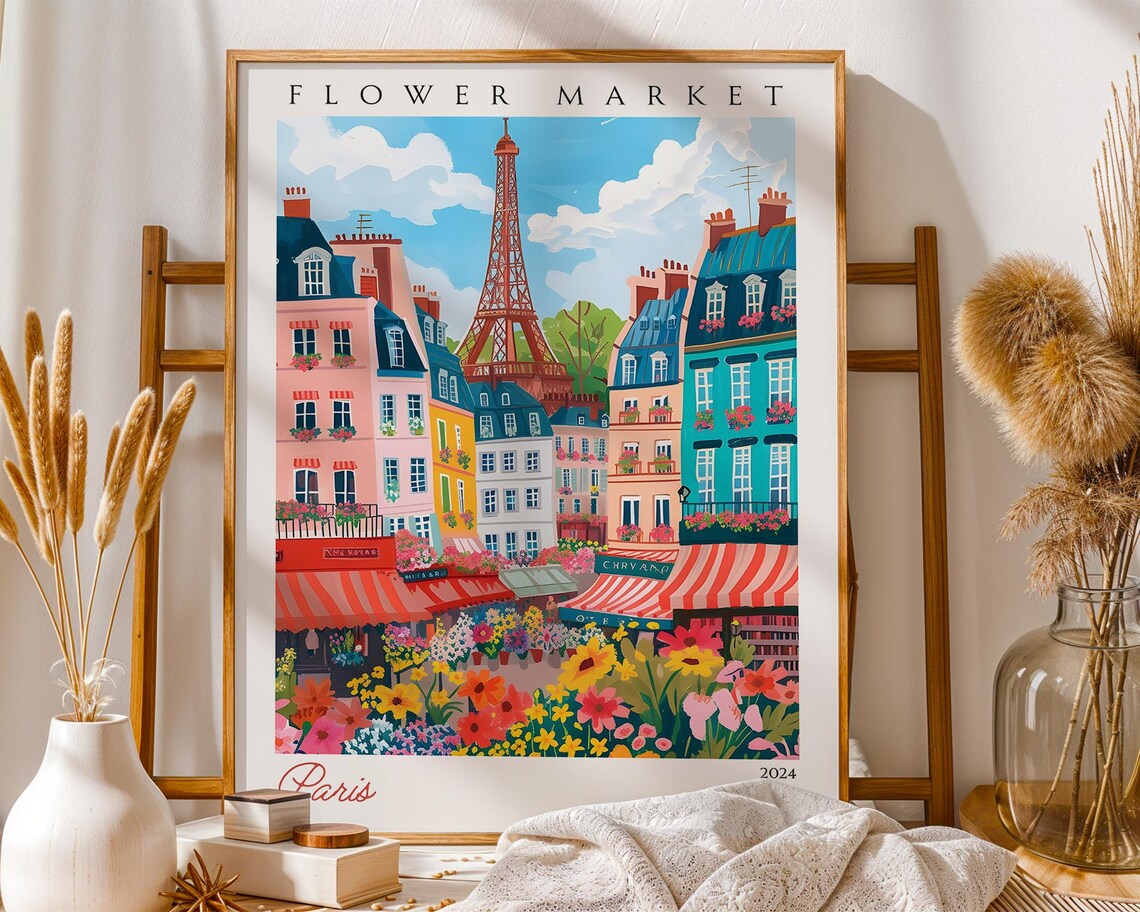 Paris Flower Market 2024 Vintage Eiffel Tower Spring Travel Poster