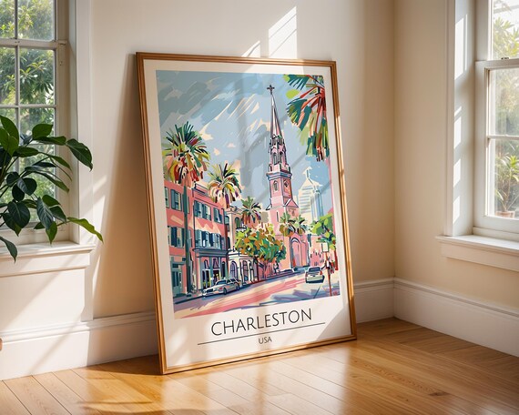 Charleston USA Pastel Church Steeple Palm Street Travel Poster