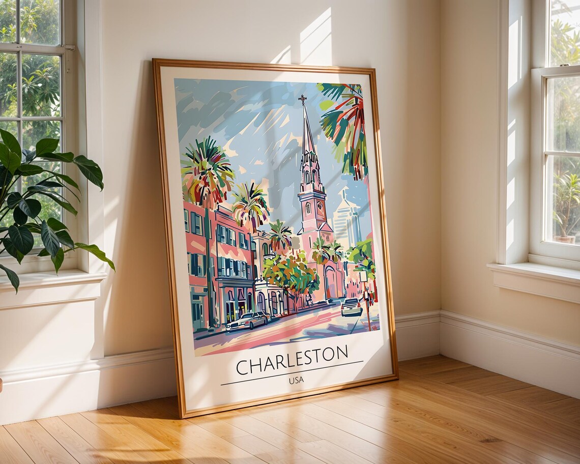 Charleston USA Pastel Church Steeple Palm Street Travel Poster