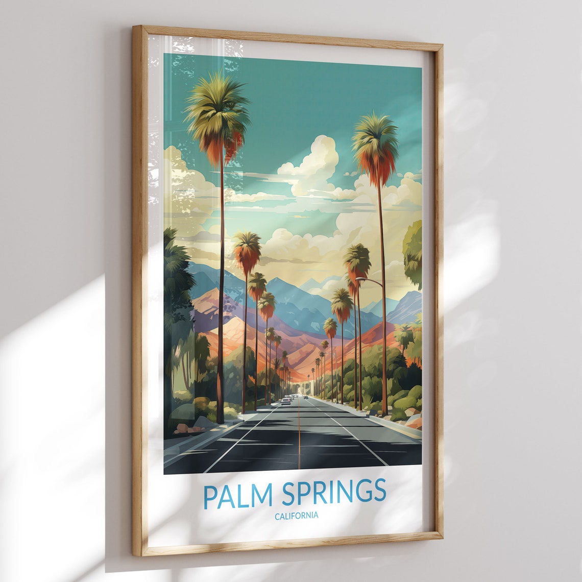 Palm Springs California Palm Lined Street Sunset Mountains Poster
