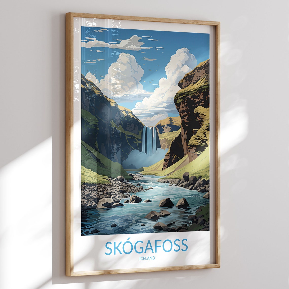 Skogafoss Iceland Waterfall Rock Riverbed Vista Travel Poster