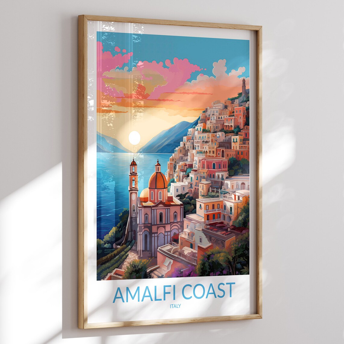 Amalfi Coast Italy Church Dome Sunset Hillside Town Travel Poster