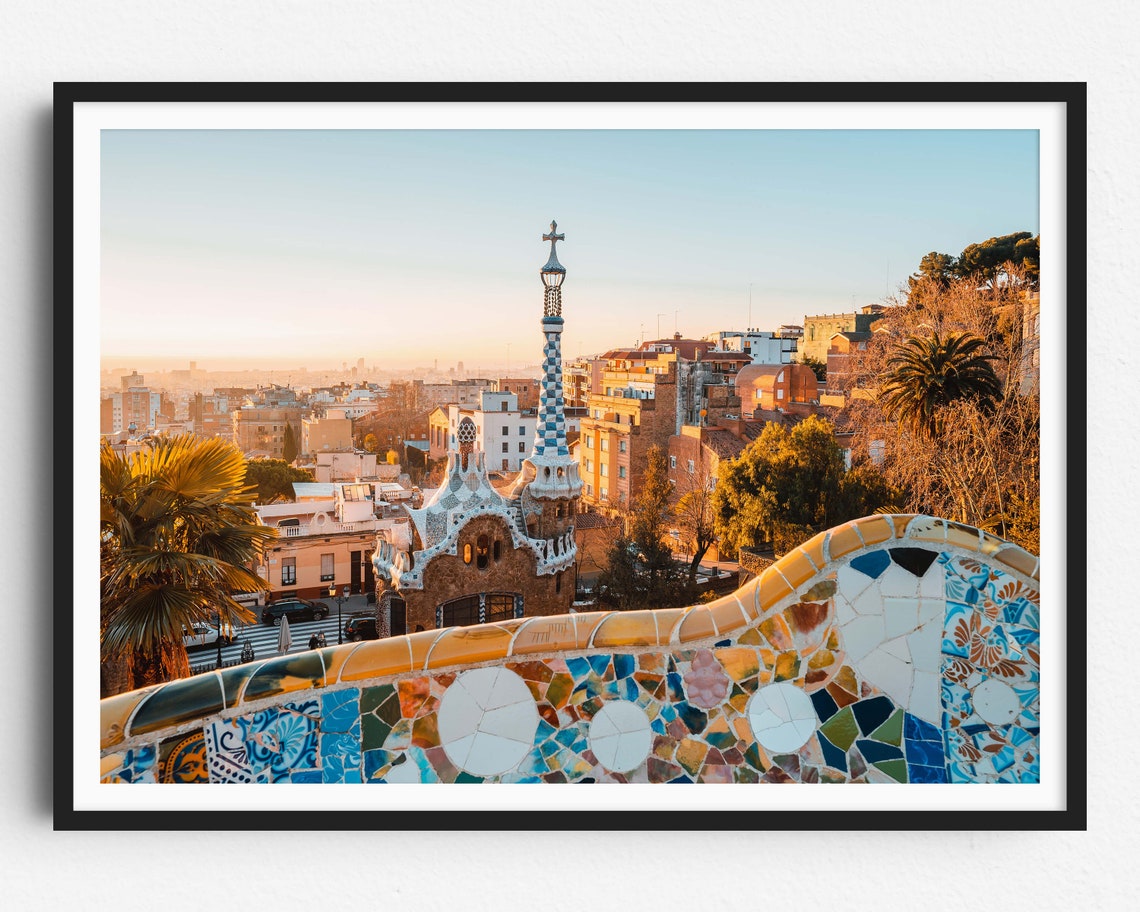 Barcelona Park Guell Mosaic Terrace Gaudi Sunset View Poster