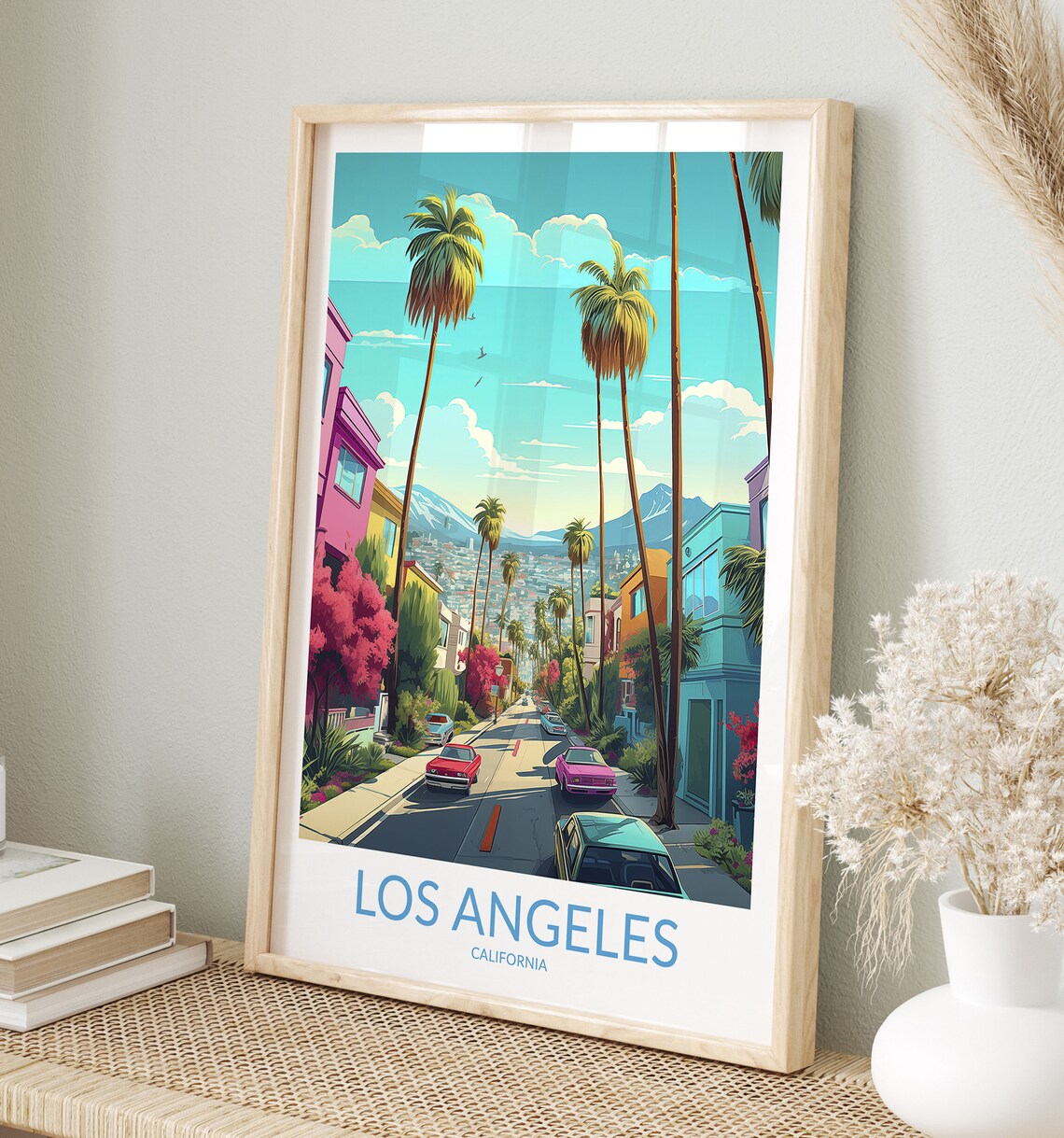 Los Angeles California Colorful Palm Street Neighborhood Scene Poster
