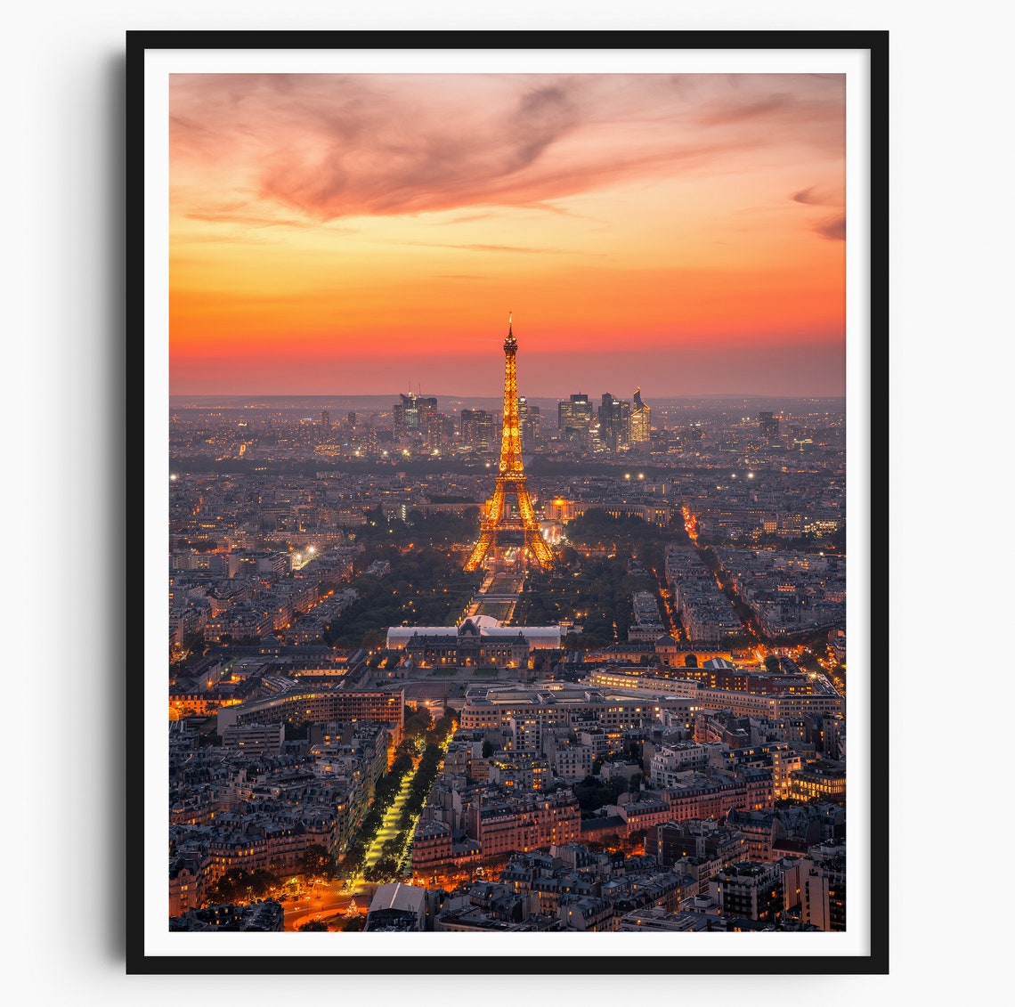 Eiffel Tower Paris Sunset Aerial Glowing Landmark City View Poster