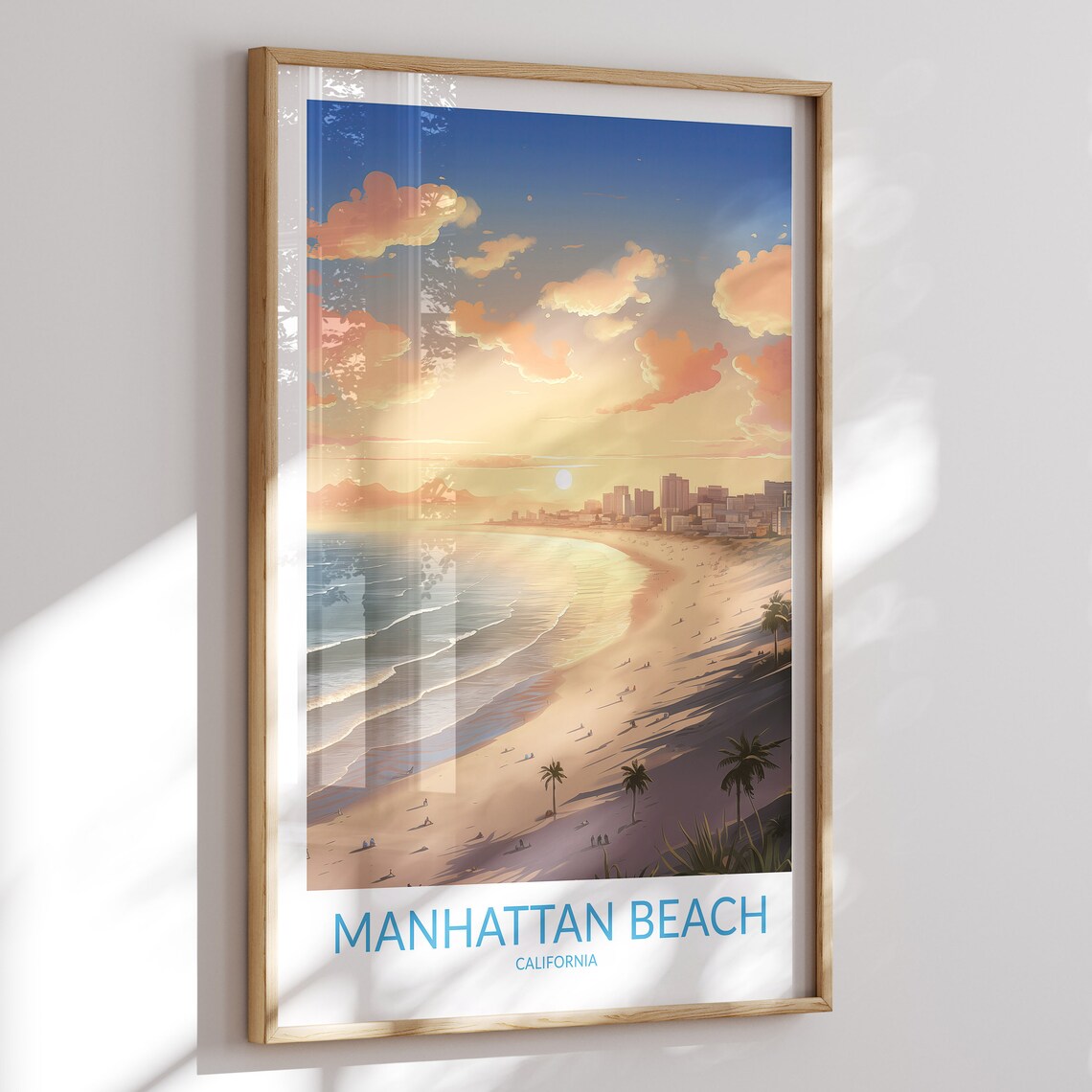 Manhattan Beach California Beach Sunset Travel Poster with Golden Sands