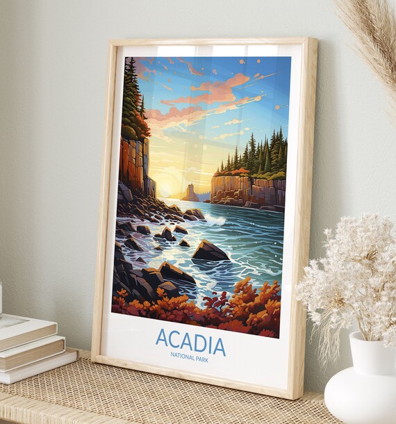 Acadia National Park Sunset Inlet Rocky Shoreline Ocean Waves Art Poster