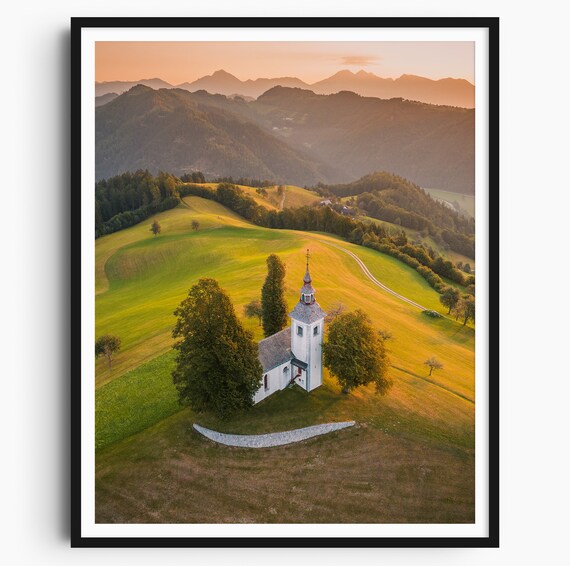 Saint Thomas Church Slovenia Hills Sunset Landscape Travel Poster