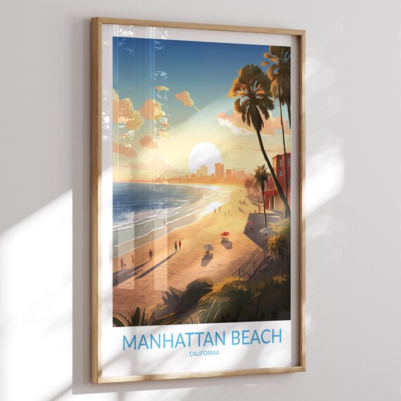 Manhattan Beach California Sunset Travel Poster with Palm Tree Views